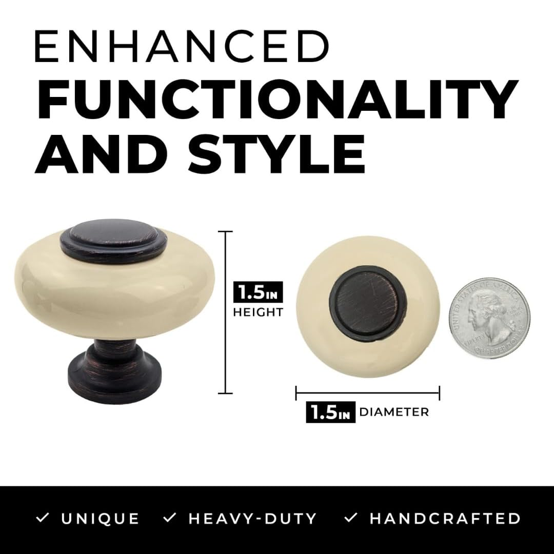 DIY Décor Hub - Large Oil-Rubbed Bronze with Beige Ceramic Cabinet Knobs, 1.5 inch, 10-Pack