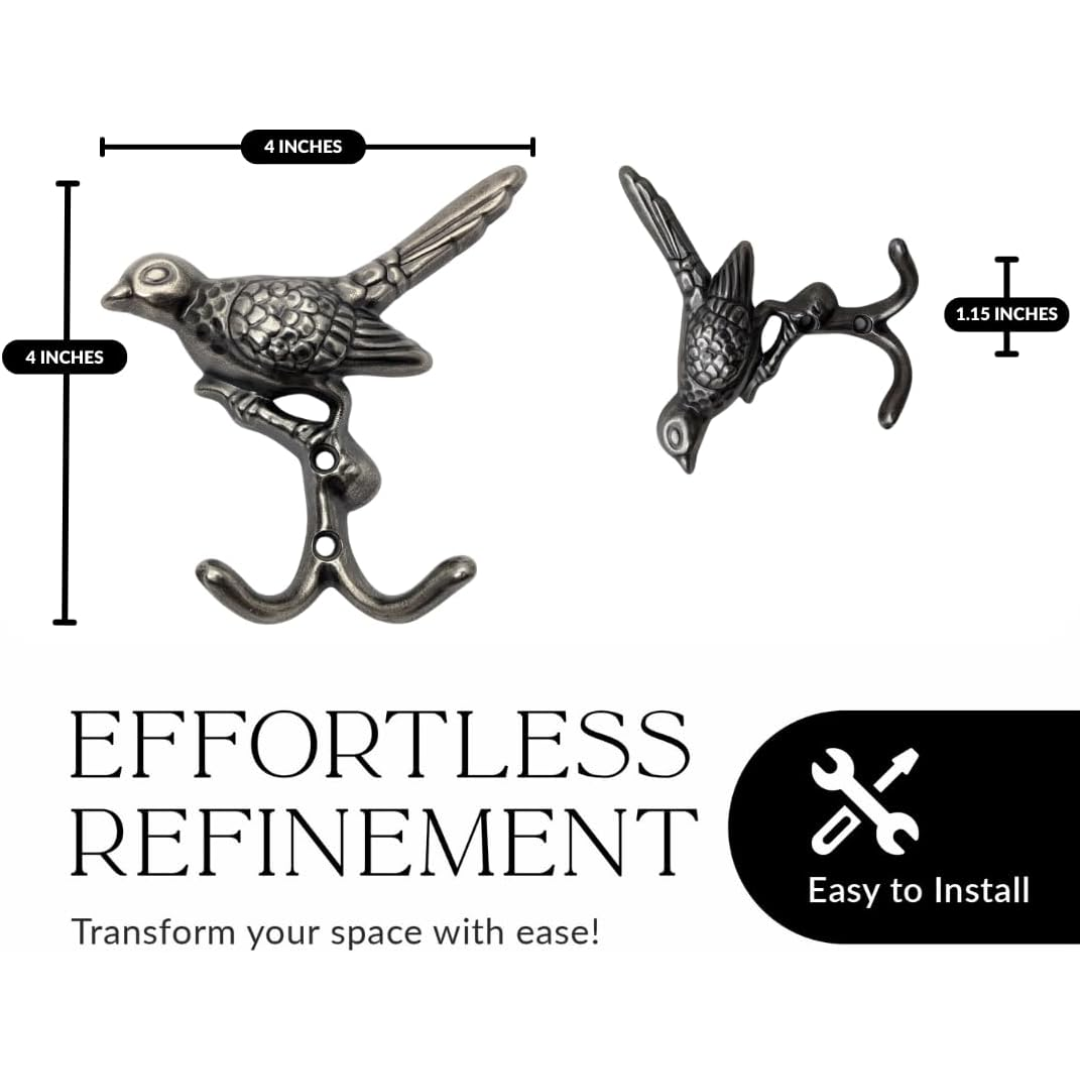 Handsley - 12 pcs Antique Silver Bird Wall Hooks for Office, Storage, and Commercial Wall Mount Use, Decorative Utility Hooks for Coats, Keys, Bags, and More