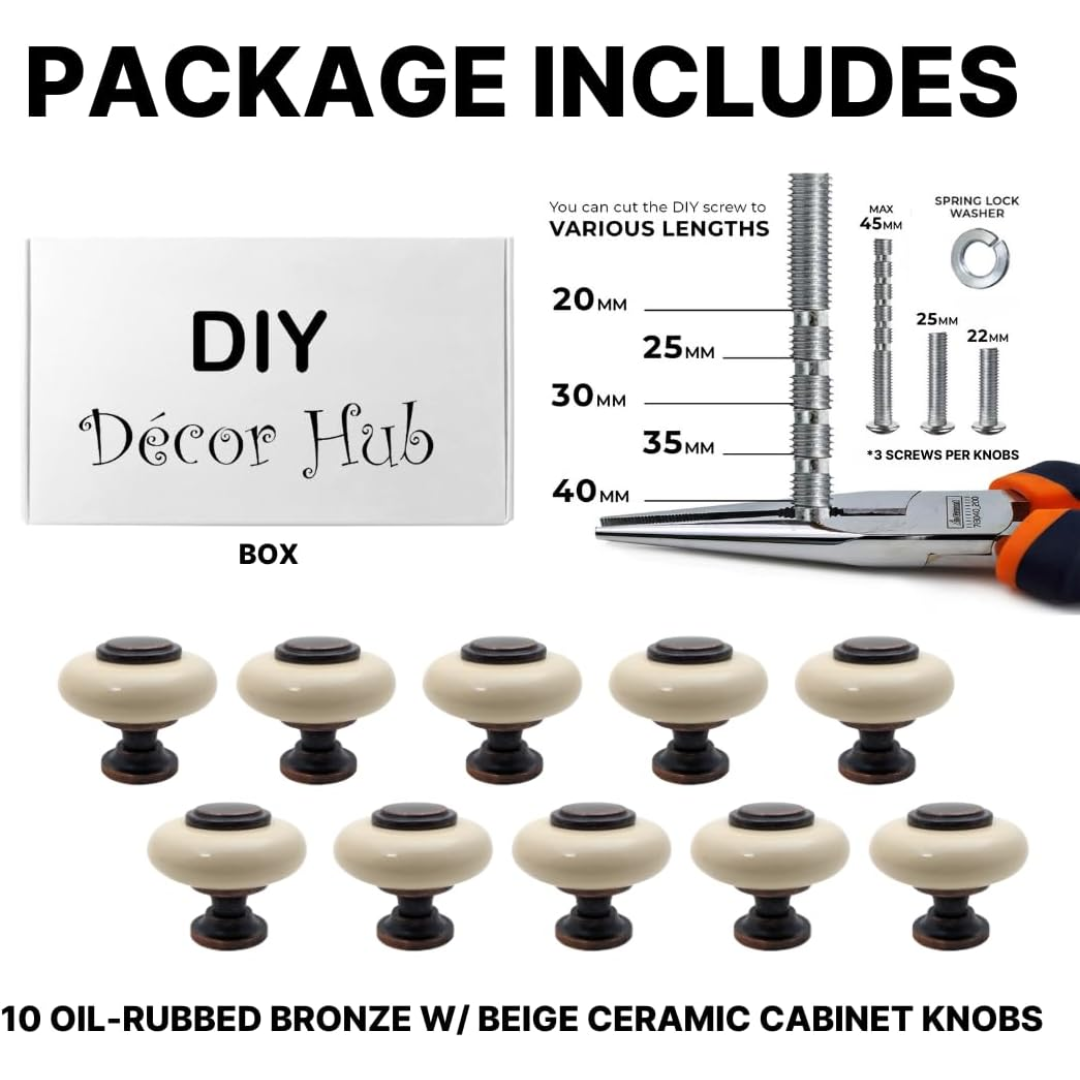 DIY Décor Hub - Large Oil-Rubbed Bronze with Beige Ceramic Cabinet Knobs, 1.5 inch, 10-Pack