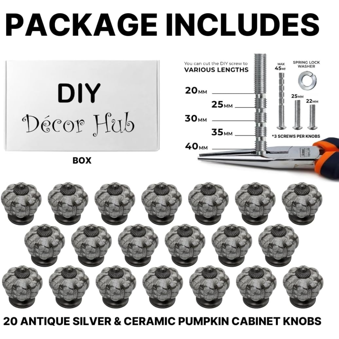 DIY Décor Hub - Pumpkin Knobs, Antique Silver-Gray Cabinet Knobs, 20-Pack