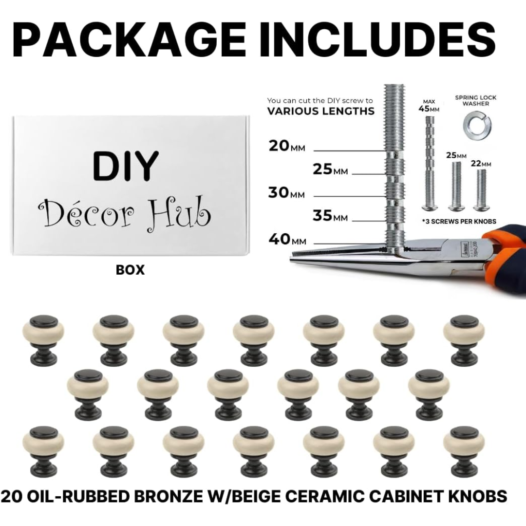 DIY Décor Hub - Small Oil-Rubbed Bronze with Beige Ceramic Cabinet Knobs, 20-Pack