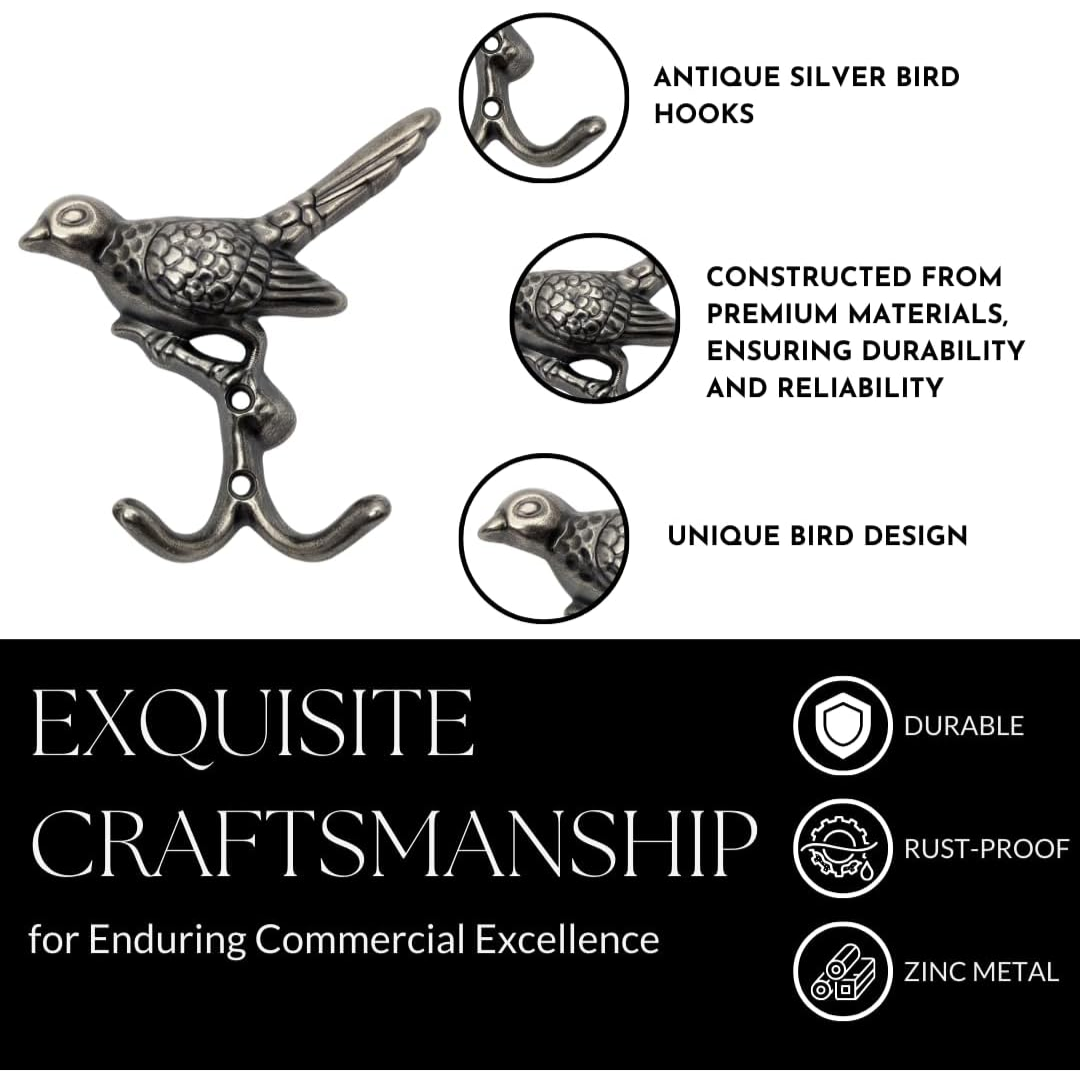 Handsley - 12 pcs Antique Silver Bird Wall Hooks for Office, Storage, and Commercial Wall Mount Use, Decorative Utility Hooks for Coats, Keys, Bags, and More