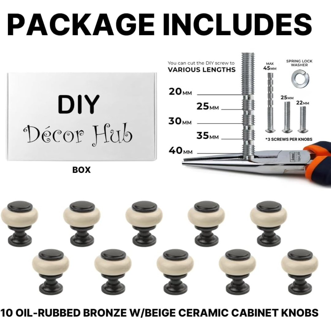 DIY Décor Hub - Small Oil-Rubbed Bronze with Beige Ceramic Cabinet Knobs, 10-Pack