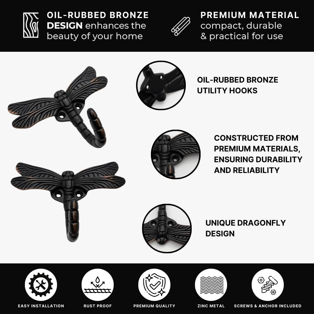 DIY Décor Hub - Set of 6 Dragonfly Hooks - Oil Rubbed Bronze