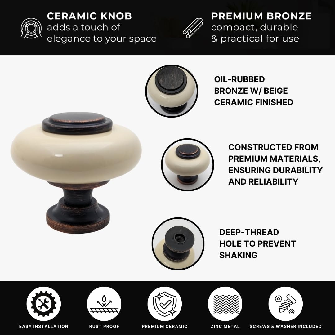 DIY Décor Hub - Large Oil-Rubbed Bronze with Beige Ceramic Cabinet Knobs, 1.5 inch, 10-Pack