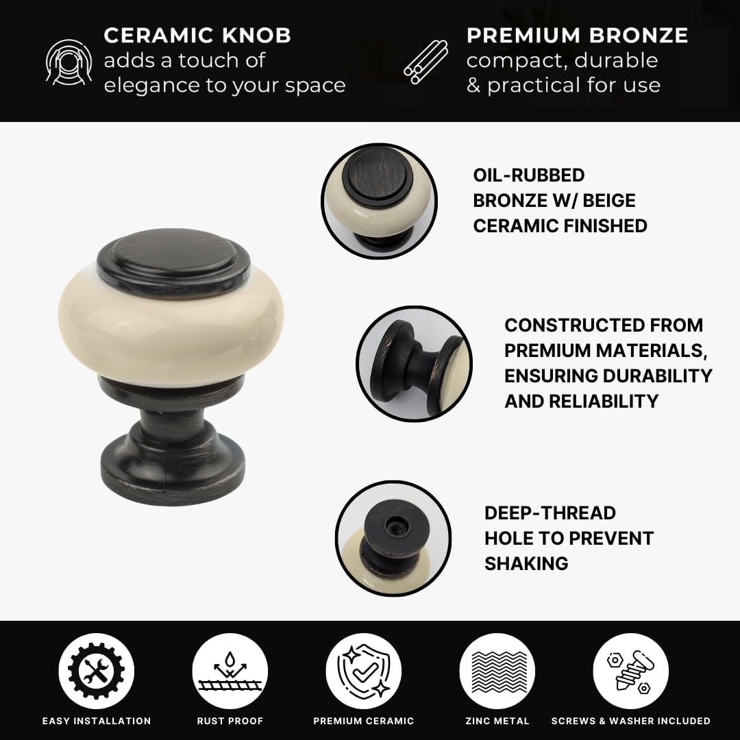 DIY Décor Hub - Small Oil-Rubbed Bronze with Beige Ceramic Cabinet Knobs, 10-Pack