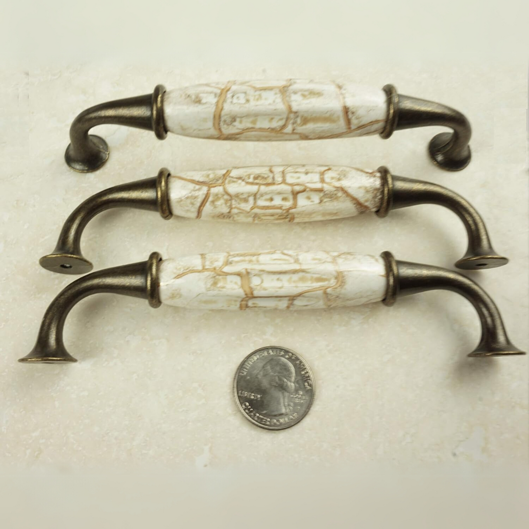 DIY Décor Hub - Set of 6 Antique Brass Ceramic Pumpkin Handles with Brown Marble Finish