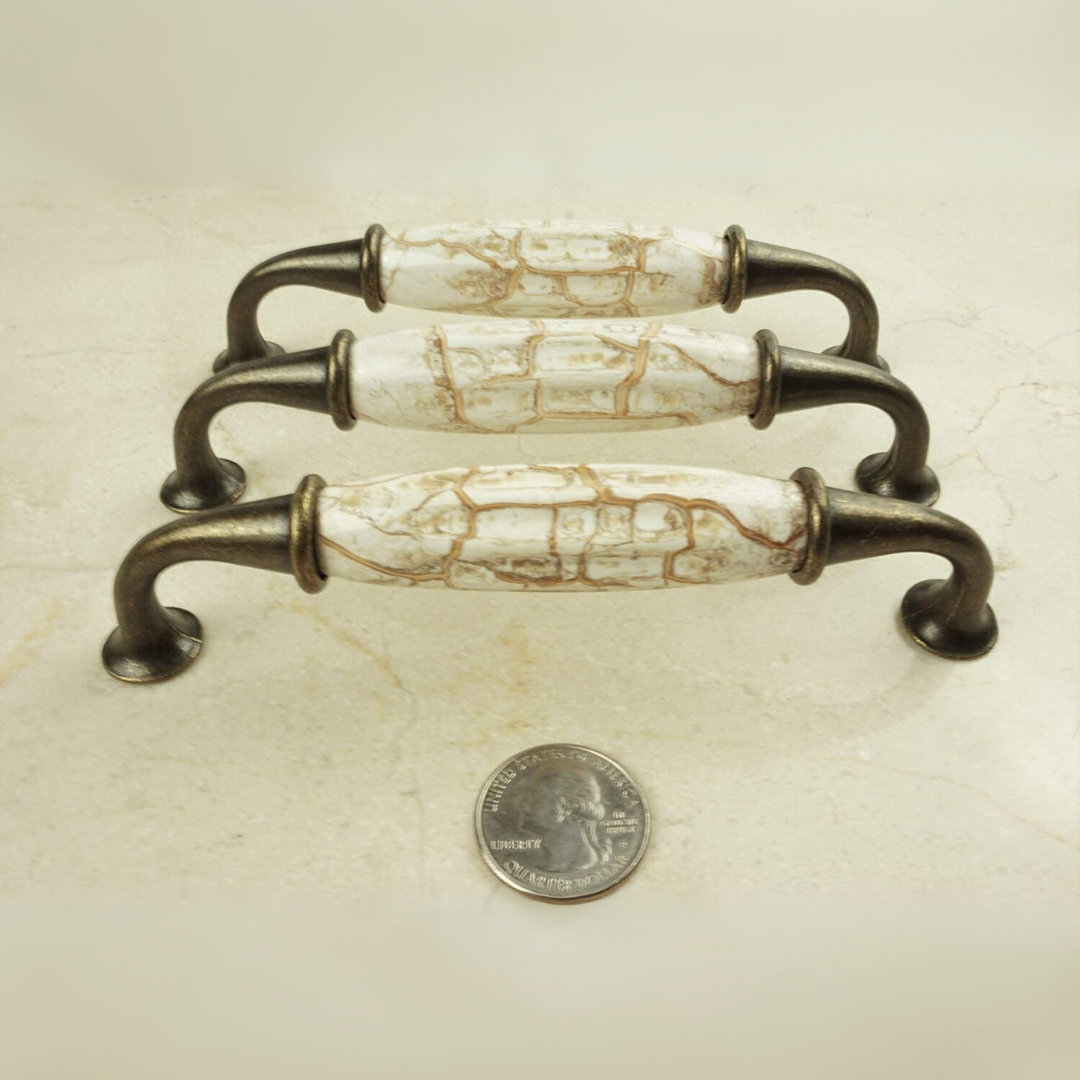 DIY Décor Hub - Set of 6 Antique Brass Ceramic Pumpkin Handles with Brown Marble Finish