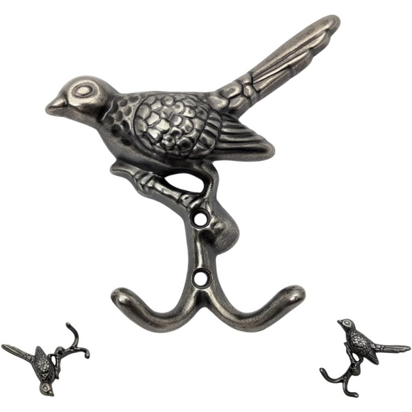 DIY Décor Hub - 6pcs Utility Hooks, Antique Silver Bird Hooks, Decorative Wall Mount, Set of 6