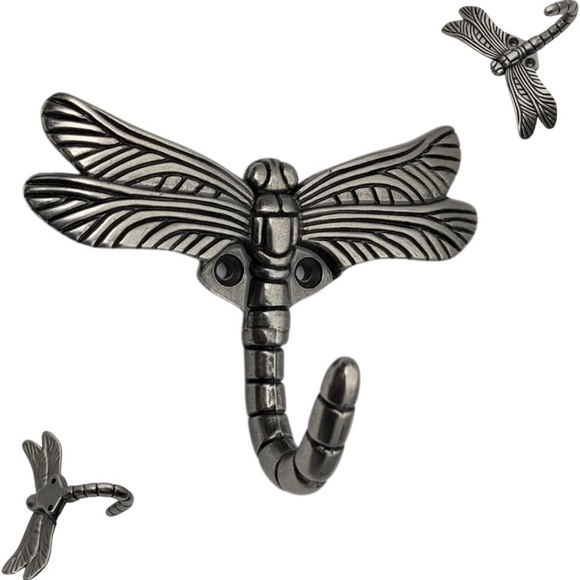 Handsley - 12 pcs Antique Silver Dragonfly Wall Hooks for Office, Storage, and Commercial Wall Mount Use, Decorative Utility Hooks for Coats, Keys, and Bags