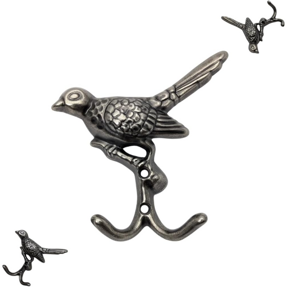 Handsley - 12 pcs Antique Silver Bird Wall Hooks for Office, Storage, and Commercial Wall Mount Use, Decorative Utility Hooks for Coats, Keys, Bags, and More
