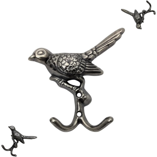 Handsley - 6 pcs Antique Silver Bird Wall Hooks for Office, Storage, and Commercial Wall Mount Use, Decorative Utility Hooks for Coats, Keys, Bags, and More