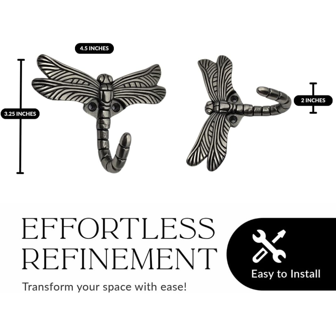 Handsley - 6 pcs Antique Silver Dragonfly Wall Hooks for Office, Storage, and Commercial Wall Mount Use, Decorative Utility Hooks for Coats, Keys, and Bags