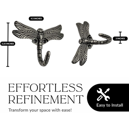 Handsley - 12 pcs Antique Silver Dragonfly Wall Hooks for Office, Storage, and Commercial Wall Mount Use, Decorative Utility Hooks for Coats, Keys, and Bags