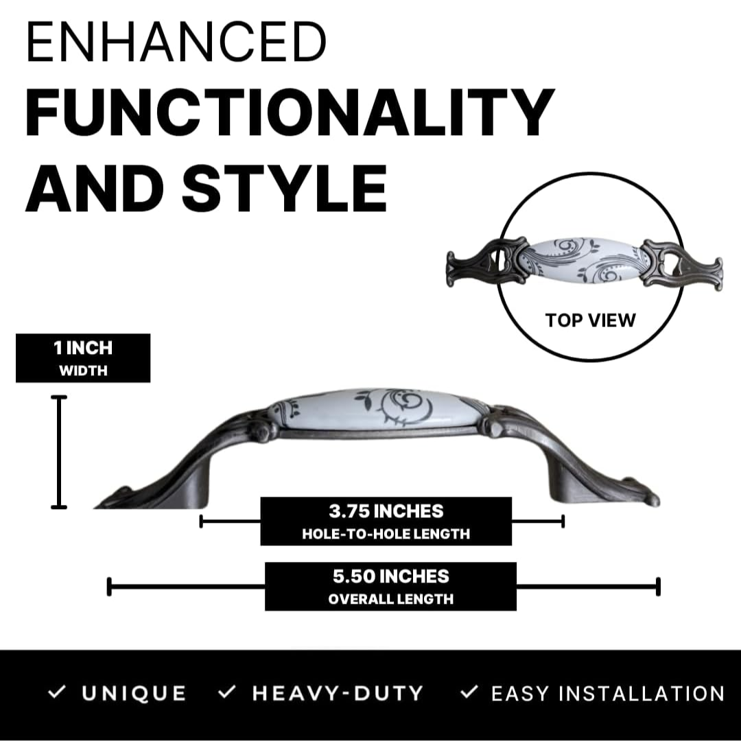 DIY Décor Hub 3.75-inch Antique Silver with Gray Floral Design Cabinet Handles, Set of 10