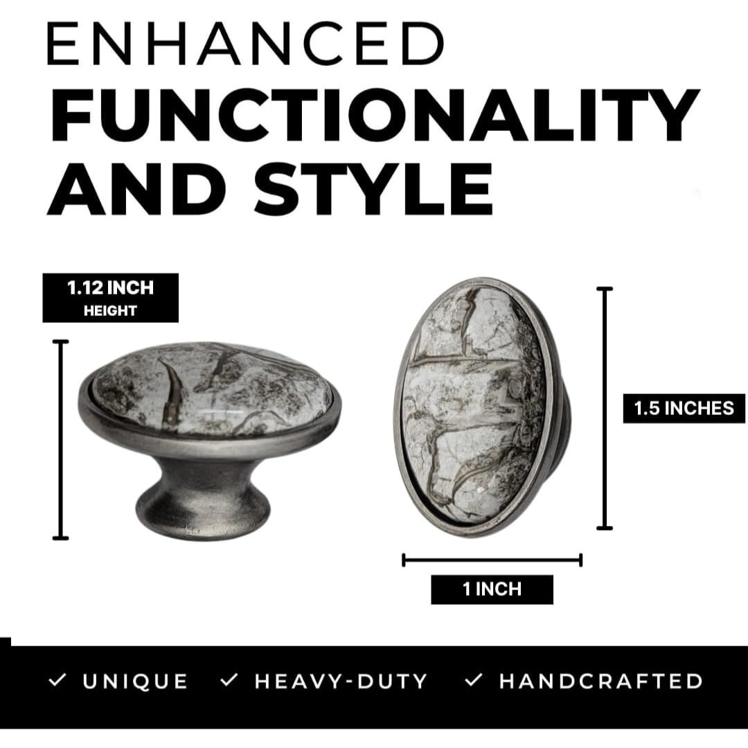 DIY Décor Hub Antique Silver Oval Knobs w/Gray Marble Accent for Cabinet & Drawers (10)