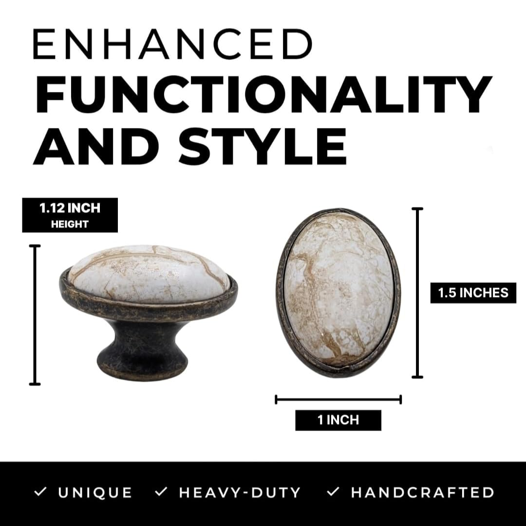DIY Décor Hub: 10 Antique Brass Ceramic Oval Knobs with a Brown Marble Accent