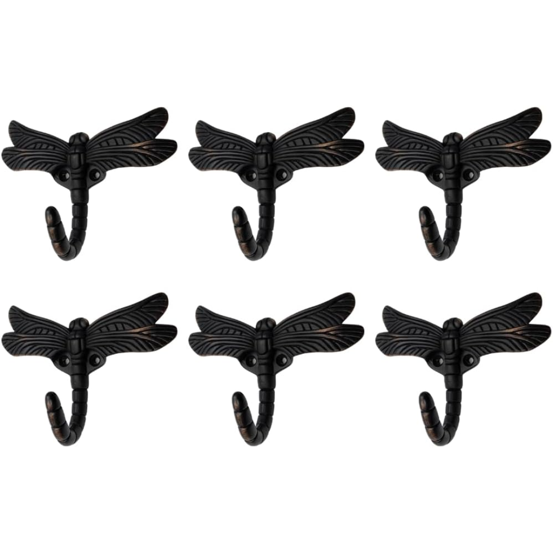 Handsley - 6 pcs Oil Rubbed Bronze Dragonfly Wall Hooks for Office, Storage, and Commercial Wall Mount Use, Decorative Utility Hooks for Coats, Keys, and Bags