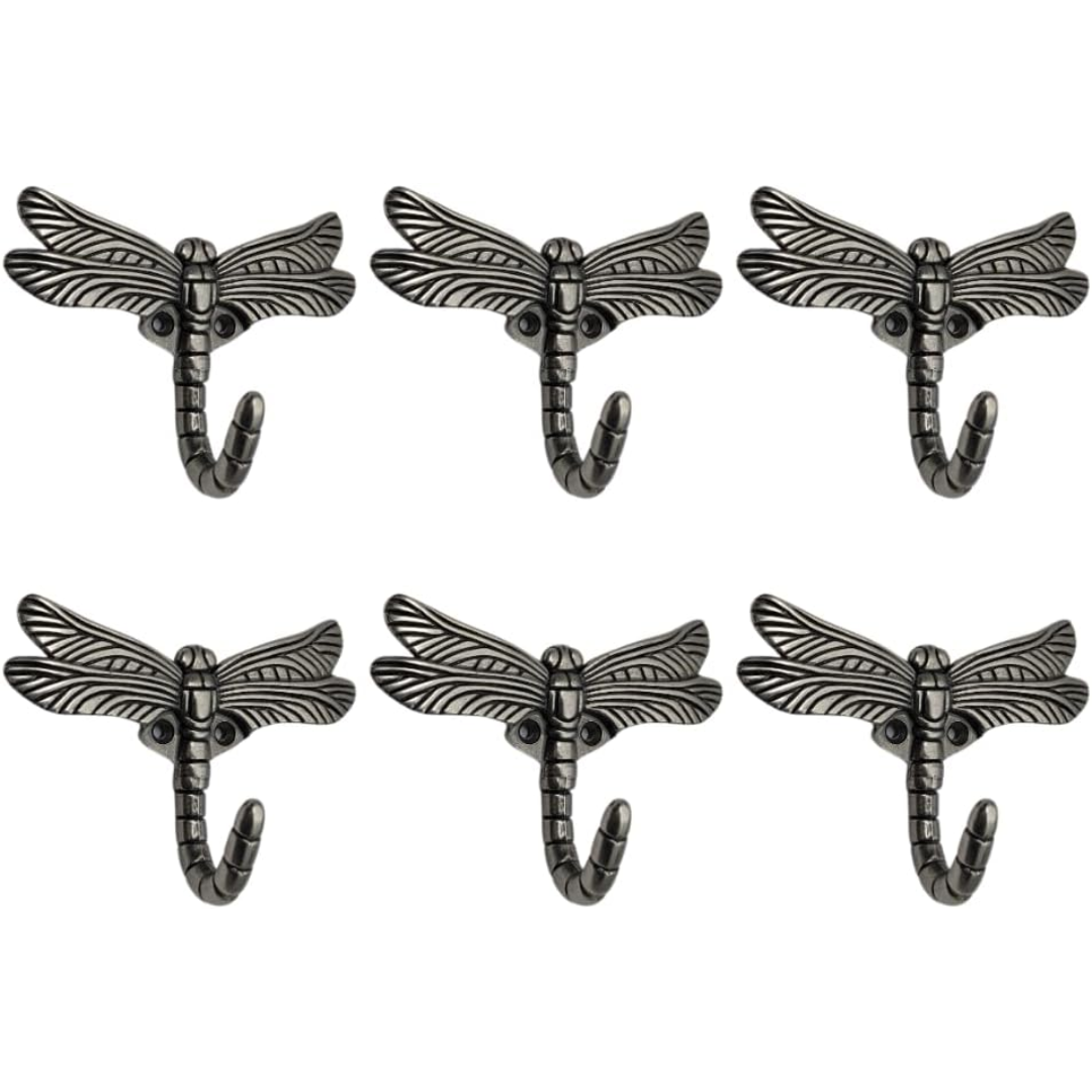 Handsley - 12 pcs Antique Silver Dragonfly Wall Hooks for Office, Storage, and Commercial Wall Mount Use, Decorative Utility Hooks for Coats, Keys, and Bags