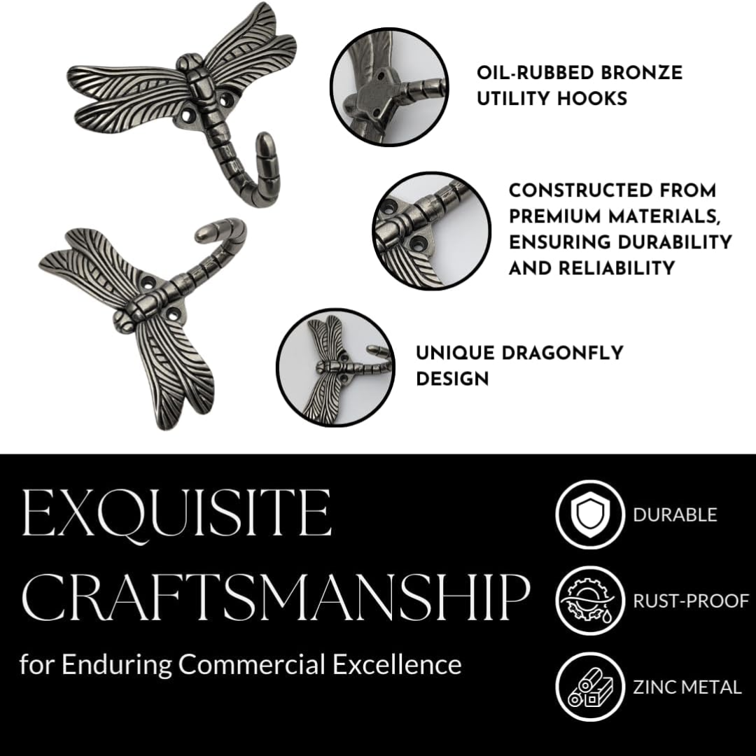 Handsley - 6 pcs Antique Silver Dragonfly Wall Hooks for Office, Storage, and Commercial Wall Mount Use, Decorative Utility Hooks for Coats, Keys, and Bags