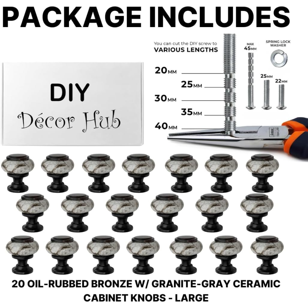 DIY Décor Hub - Large 1.5 inch Oil-Rubbed Bronze w/Granite-Gray Ceramic Cabinet Knobs, 20-Pack