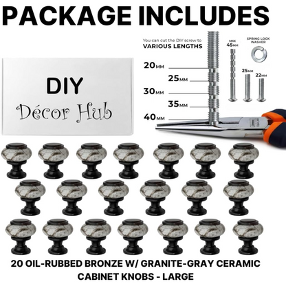 DIY Décor Hub - Large 1.5 inch Oil-Rubbed Bronze w/Granite-Gray Ceramic Cabinet Knobs, 20-Pack