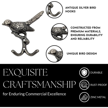 Handsley - 6 pcs Antique Silver Bird Wall Hooks for Office, Storage, and Commercial Wall Mount Use, Decorative Utility Hooks for Coats, Keys, Bags, and More