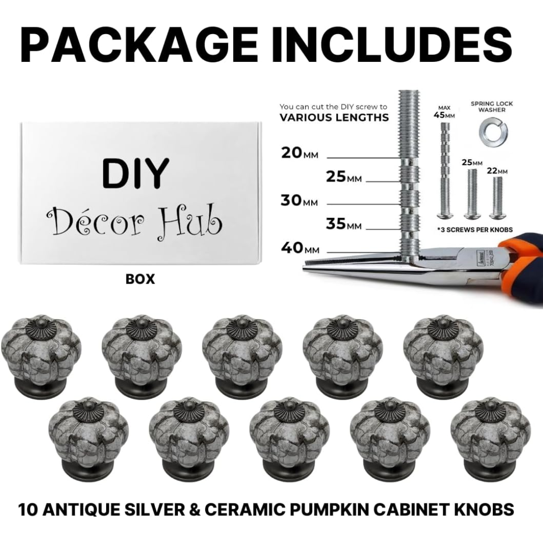 DIY Décor Hub - Pumpkin Knobs, Antique Silver-Gray Cabinet Knobs, 10-Pack