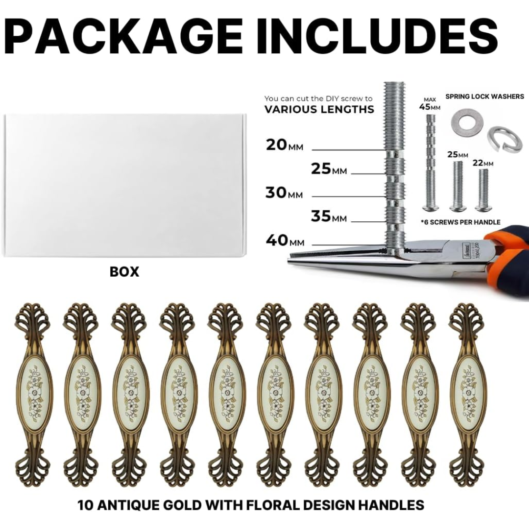 DIY Décor Hub - 5-inch Antique Gold with Floral Design Cabinet Handles, Set of 10