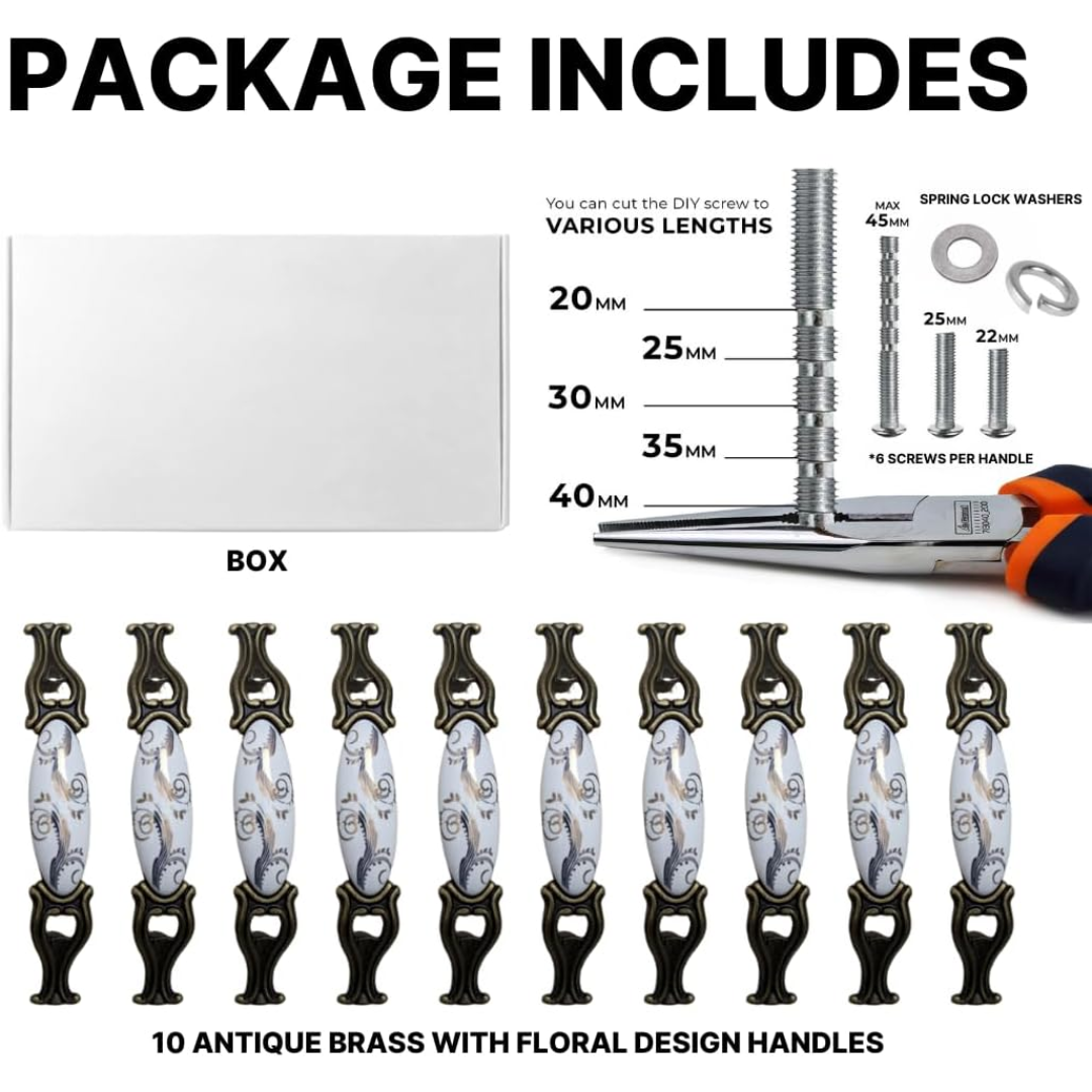 DIY Décor Hub 3.75 inch Antique Brass Floral Design Cabinet Handles, Set of 10