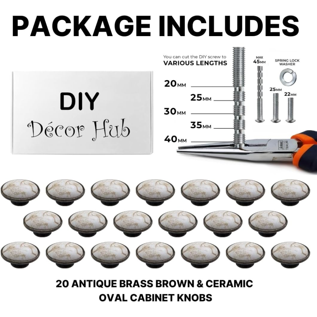 DIY Décor Hub: 10 Antique Brass Ceramic Oval Knobs with a Brown Marble Accent