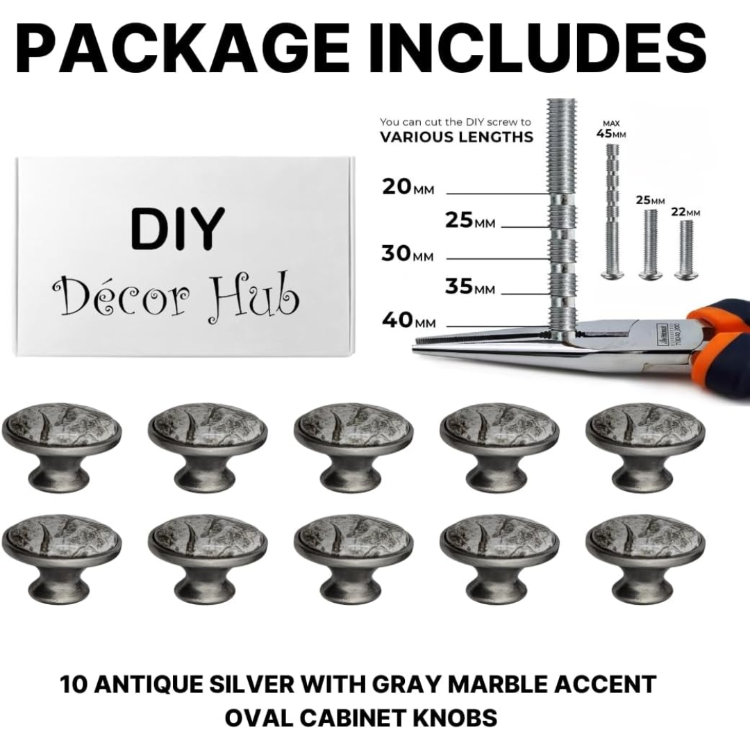 DIY Décor Hub Antique Silver Oval Knobs w/Gray Marble Accent for Cabinet & Drawers (10)