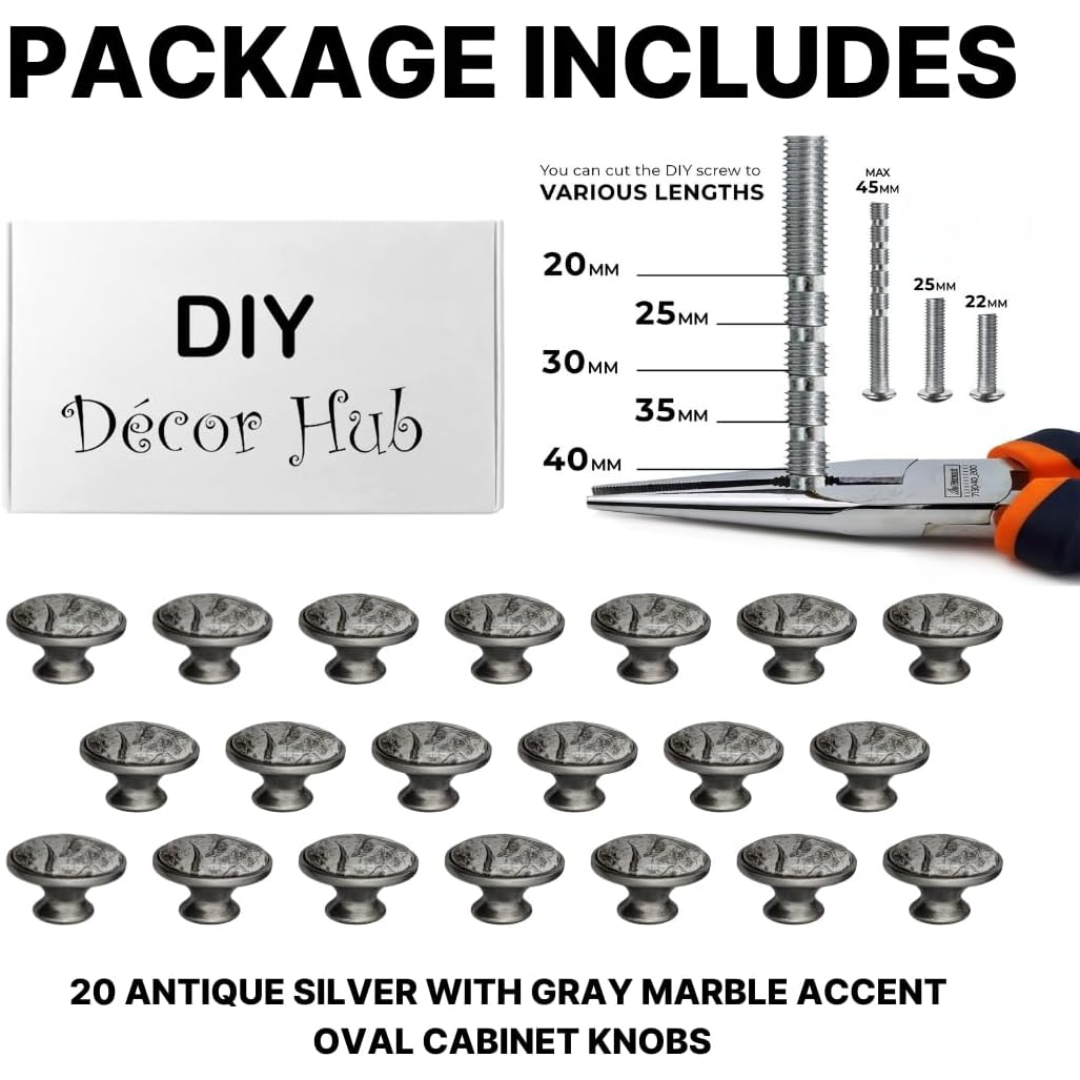 DIY Décor Hub Antique Silver Oval Knobs w/Gray Marble Accent for Cabinet & Drawers (20)