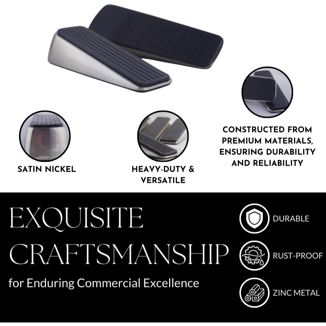Handsley - 4 pcs Satin Nickel Metal Jacket Door Stoppers with Premium Rubber Wedge for Secure, Pet-Proof Hold