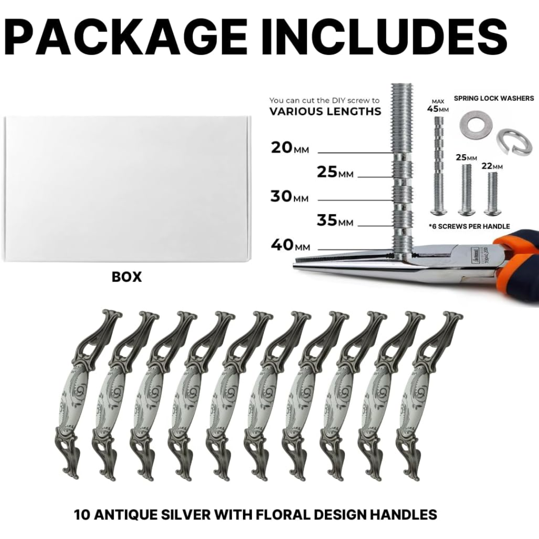 DIY Décor Hub 3.75-inch Antique Silver with Gray Floral Design Cabinet Handles, Set of 10