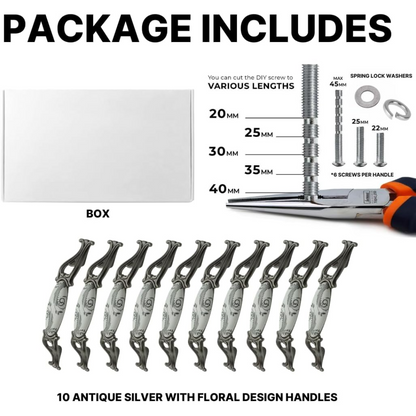 DIY Décor Hub 3.75-inch Antique Silver with Gray Floral Design Cabinet Handles, Set of 10