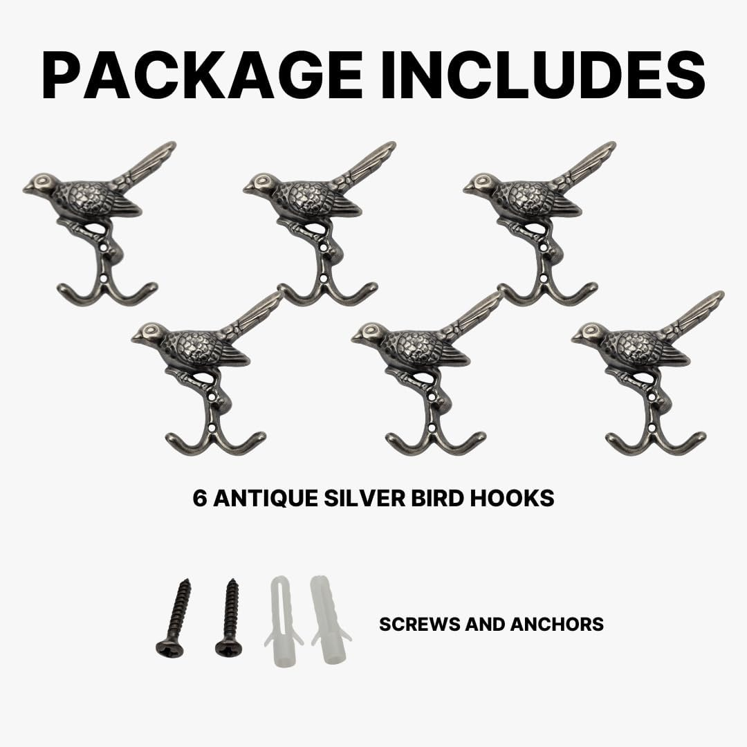 DIY Décor Hub - 6pcs Utility Hooks, Antique Silver Bird Hooks, Decorative Wall Mount, Set of 6