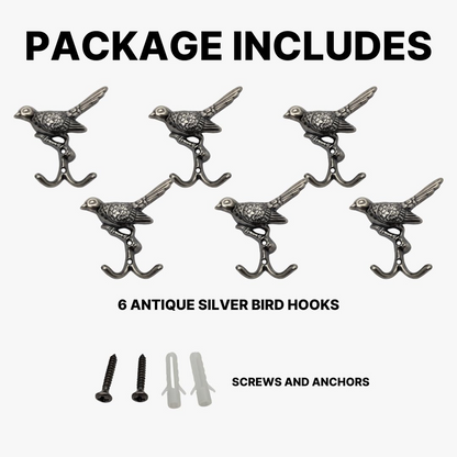 DIY Décor Hub - 6pcs Utility Hooks, Antique Silver Bird Hooks, Decorative Wall Mount, Set of 6