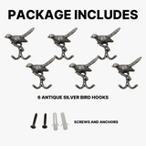 DIY Décor Hub - 6pcs Utility Hooks, Antique Silver Bird Hooks, Decorative Wall Mount, Set of 6