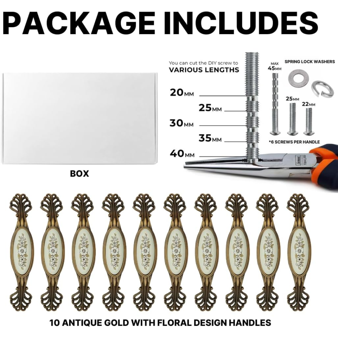 DIY Décor Hub 3.75 inch Antique Gold with Floral Design Cabinet Handles, Set of 10
