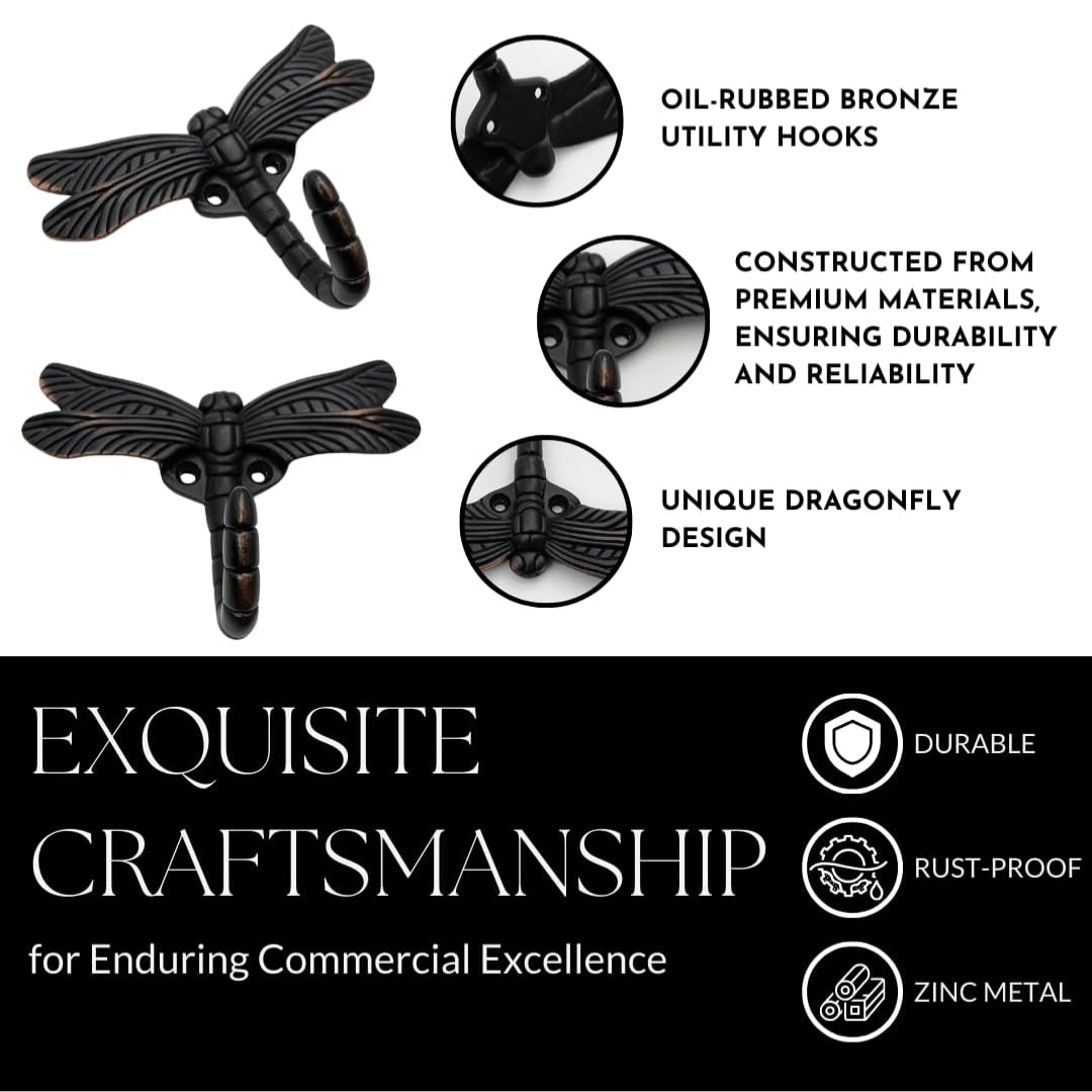 Handsley - 6 pcs Oil Rubbed Bronze Dragonfly Wall Hooks for Office, Storage, and Commercial Wall Mount Use, Decorative Utility Hooks for Coats, Keys, and Bags