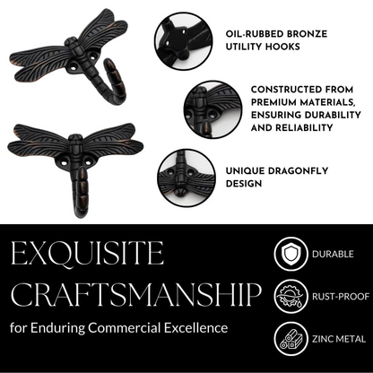 Handsley - 6 pcs Oil Rubbed Bronze Dragonfly Wall Hooks for Office, Storage, and Commercial Wall Mount Use, Decorative Utility Hooks for Coats, Keys, and Bags