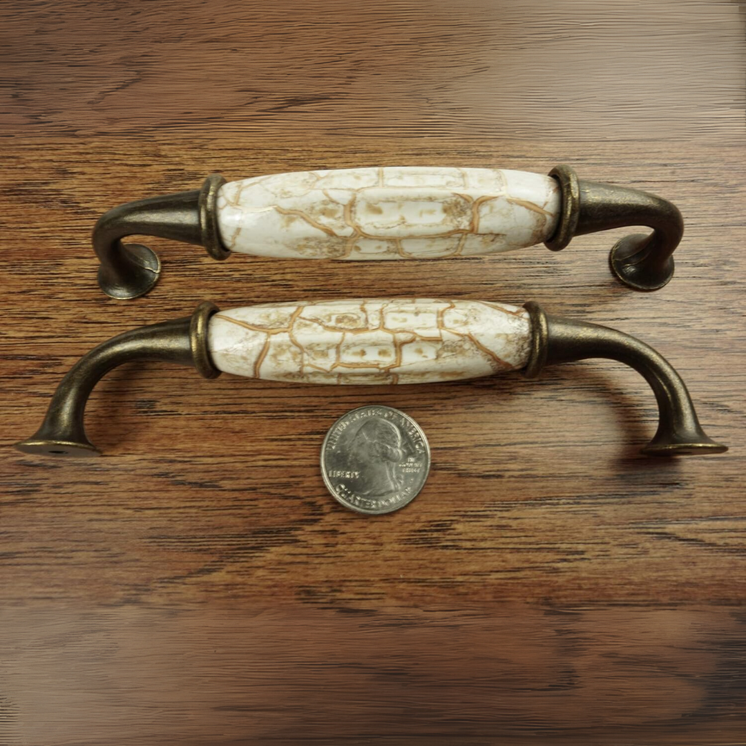 DIY Décor Hub - Set of 6 Antique Brass Ceramic Pumpkin Handles with Brown Marble Finish