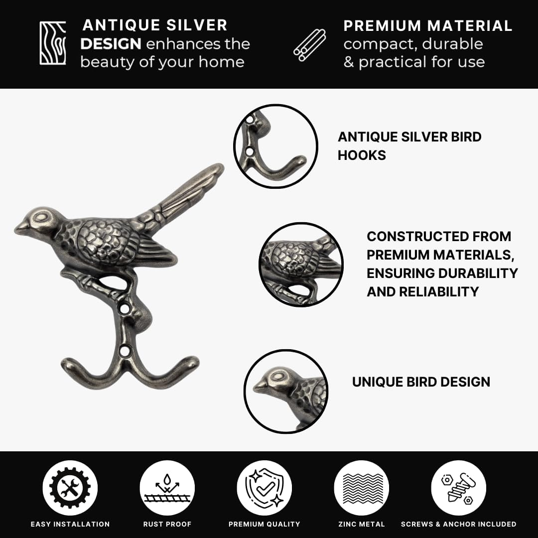 DIY Décor Hub - 6pcs Utility Hooks, Antique Silver Bird Hooks, Decorative Wall Mount, Set of 6