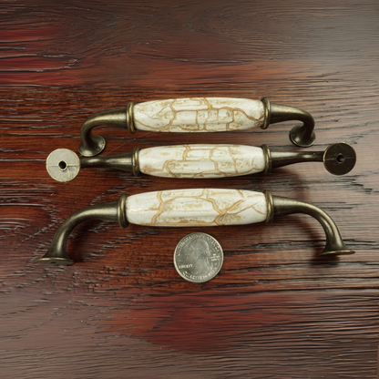 DIY Décor Hub - Set of 6 Antique Brass Ceramic Pumpkin Handles with Brown Marble Finish