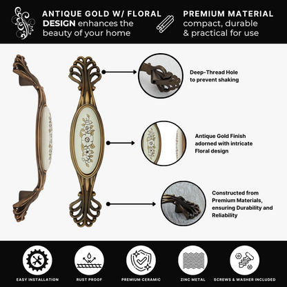 DIY Décor Hub 3.75 inch Antique Gold with Floral Design Cabinet Handles, Set of 10