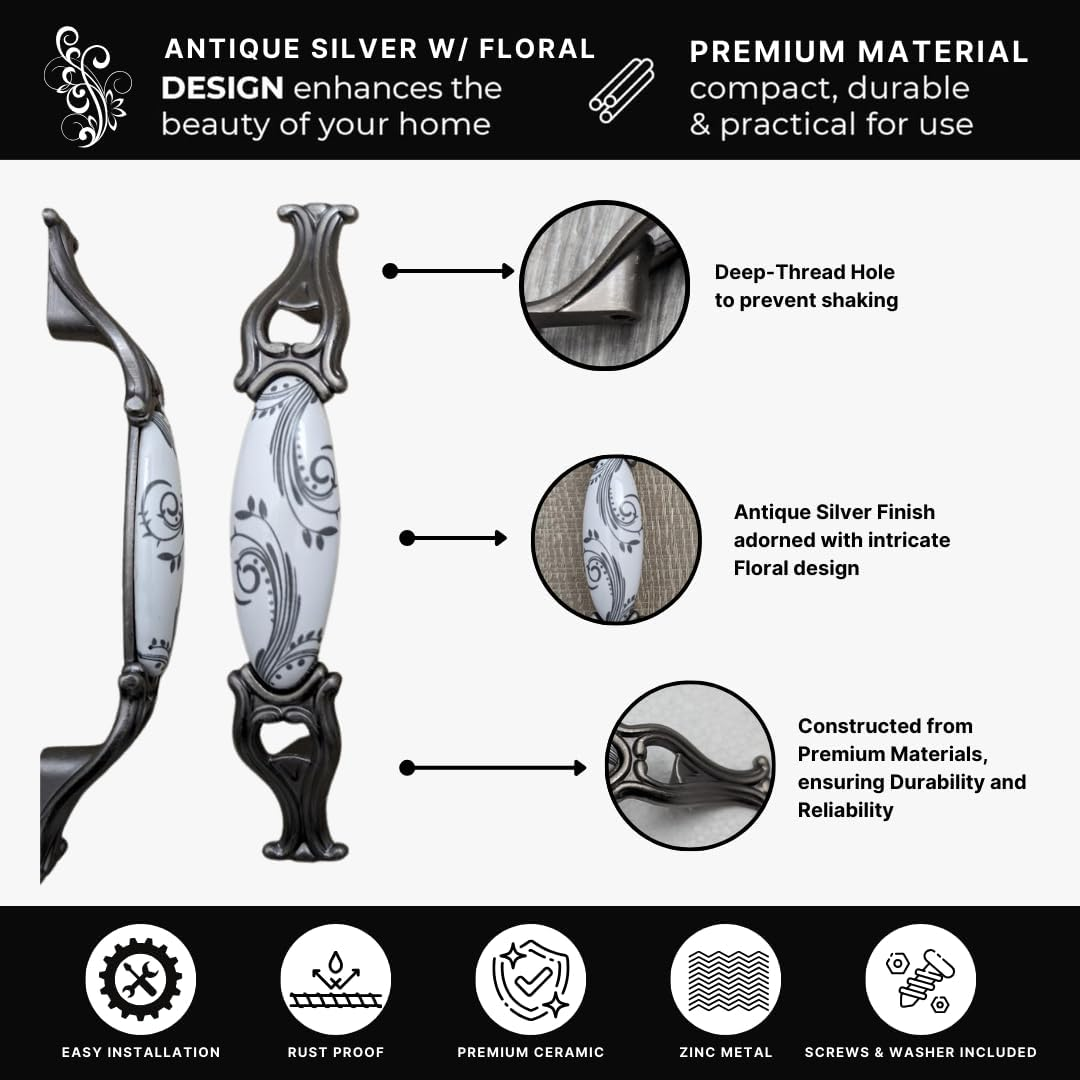 DIY Décor Hub 3.75-inch Antique Silver with Gray Floral Design Cabinet Handles, Set of 10