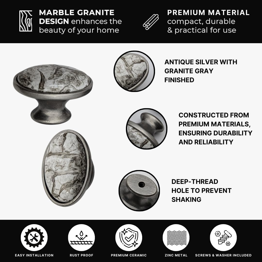 DIY Décor Hub Antique Silver Oval Knobs w/Gray Marble Accent for Cabinet & Drawers (20)