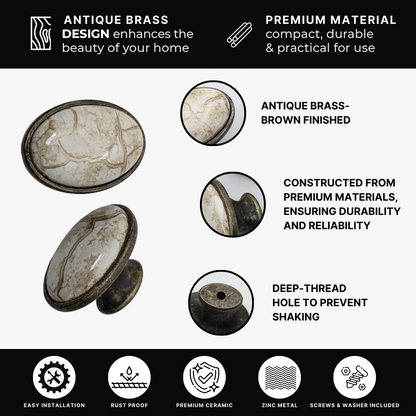 DIY Décor Hub: 10 Antique Brass Ceramic Oval Knobs with a Brown Marble Accent