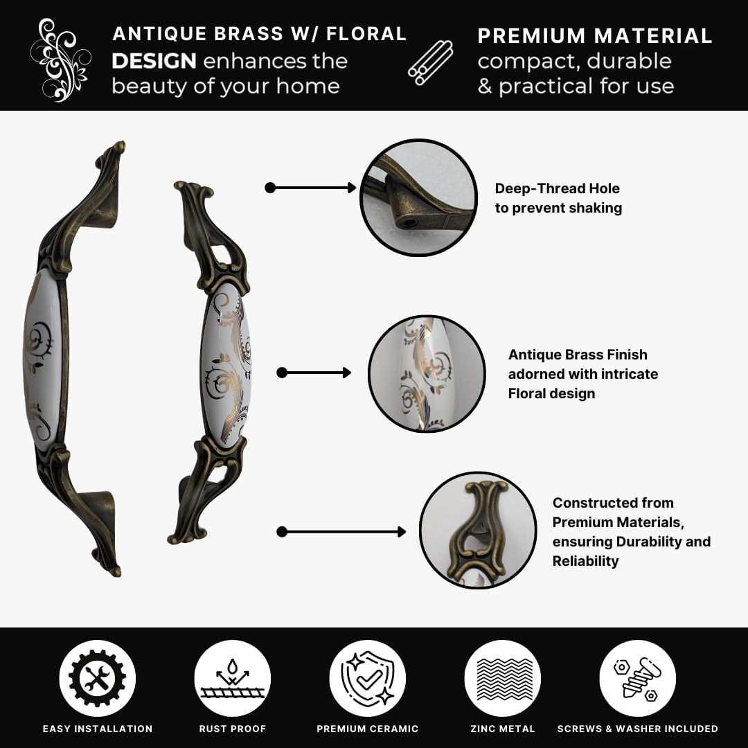 DIY Décor Hub 3.75 inch Antique Brass Floral Design Cabinet Handles, Set of 10